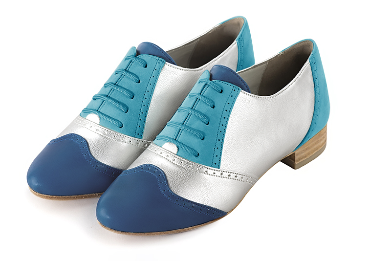 Denim blue and light silver women's fashion lace-up shoes.. Front view - Florence KOOIJMAN